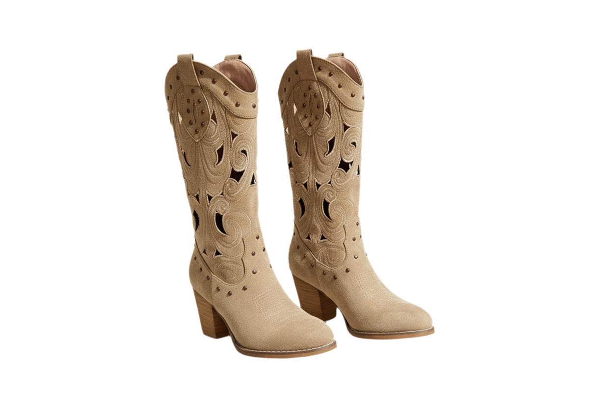 Bota Cowboy Feminina Cano Alto Bordado Vintage Salto Grosso